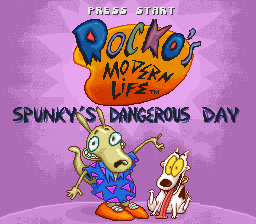 The title screen displays "Rocko's Modern Life: Spunky's Dangerous Day" in large orange and yellow lettering against a purple gradient background. Below the title, Rocko, a wallaby character with a blue shirt, stands on the left side next to Spunky, a small yellow dog wearing red. Both characters are rendered as colorful 16-bit sprites with simple pixel art styling typical of early 1990s SNES games. The subtitle "Spunky's Dangerous Day" appears in green text below the main logo.