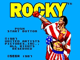 The title screen displays the word ROCKY in large yellow letters against a bright blue background. Below the title, a boxer in red and white striped shorts throws a punch toward the right side of the screen. Text reads PUSH START BUTTON in the center. Copyright information for SEGA and the year 1987 appears at the bottom in white text on the blue background.