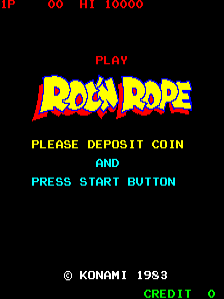 The title screen displays 'PLAY' in red text at the top, followed by the 'ROC'N ROPE' logo in large yellow and red pixel art lettering. Below are white instructions reading 'PLEASE DEPOSIT COIN' and 'AND', with cyan text stating 'PRESS START BUTTON'. The top left corner shows red score information including 'IP', '00', 'HI', and '10000'. At the bottom, copyright text reads '© KONAMI 1983' in white, with 'CREDIT' displayed in green.
