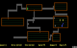 A dungeon layout displayed from above shows multiple rooms connected by corridors in shades of gray and black, with orange-outlined rectangular chambers scattered across the screen. A yellow '@' symbol marks the player character's position in the lower-left area. Yellow text at the bottom displays game statistics: Level1, Hits:1(1:2), Str:16(16), Gold:75, Armor:5, Exp:1/5. The monochrome pixel-art style uses dotted patterns within rooms and a sparse grid layout typical of early roguelike ASCII-based dungeon crawlers.