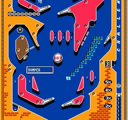 A pinball table layout displayed against a bright blue background with an orange border frame. Red and blue curved ramps and flippers are positioned throughout the playfield, with multiple small white and red circular bumpers scattered across the center. The upper left shows a score counter reading 0000000, while the right side displays a vertical series of small icons and numbers. A silver ball sits near the center of the table. The aesthetic uses bright neon-style colors typical of early NES-era pinball simulations, rendered in low-resolution pixel art.