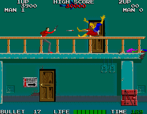A side-scrolling arcade level displays a teal-colored backdrop with a brown wooden scaffolding structure at top and a doorway with brown frame at bottom-left. A character in red stands on the upper platform. The HUD shows score displays at top, a "BULLET" counter reading 17 at bottom-left, a green health bar in the center-bottom, and a "TIME" counter at bottom-right. Pink and red crate sprites are visible on the lower level. The pixel art uses a limited color palette typical of mid-1980s arcade hardware.