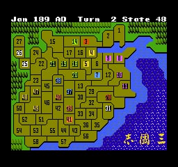 A top-down map view displays a grid-based territory divided into numbered regions colored yellow, green, and blue, representing different provinces or factions. The blue area occupies the right edge with a pixelated water or mountain texture. At the top, a white text header reads 'Jen 189 AD Turn 2 Score 48' with additional status information. Small faction symbols appear in corners. The interface shows a strategic game board typical of early NES tactical simulations, with a low-resolution sprite style and limited color palette of yellows, greens, blues, and browns against a black background.