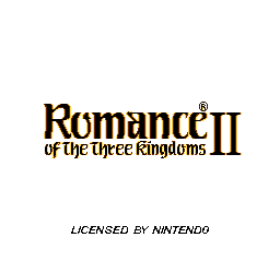 The title screen displays 'Romance of the Three Kingdoms II' in large gold-brown serif lettering at the top center, with a registered trademark symbol and decorative line underneath. Below the title text sits a smaller subtitle in matching style. At the bottom of the screen, 'LICENSED BY NINTENDO' appears in black sans-serif font. The background is plain light gray with no additional graphics or UI elements visible.