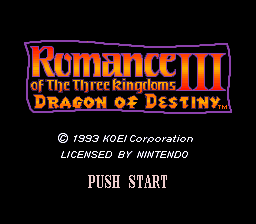 The title screen displays the game logo "Romance of the Three Kingdoms III: Dragon of Destiny" in large yellow and red pixelated text against a dark blue background. Below the logo appears a copyright notice reading "© 1993 KOEI Corporation" and "LICENSED BY NINTENDO" in small white text. At the bottom center, white text reads "PUSH START". The overall design uses a limited color palette typical of early 1990s SNES graphics.