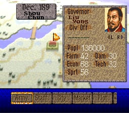 A character portrait window displays a bearded governor figure with stat information including population (28000), farm level (2), defense (50), and other numerical values. A map view showing terrain features and locations occupies the left side of the screen with pixelated geography in tan and blue tones. A menu bar with navigation options spans the bottom in gold text against a dark background. The SNES-era sprite work and interface elements are rendered in standard 16-bit color palette.
