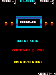The arcade title screen features a cyan-colored rectangular banner with "ROUND-UP" in white text at center, flanked by four orange sprite figures on either side. Above the banner, three score displays read "SCORE-1", "HIT-SCORE", and "SCORE-2" in cyan text. Below the banner, cyan text reads "INSERT COIN", followed by red copyright text stating "COPYRIGHT © 1981", and yellow text crediting "AMENIP/CENTURI" at the bottom. The background is solid black. A "CREDITS" label appears in the lower right corner.