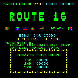 The title screen displays "ROUTE 16" in large green pixelated text at center. At the top, score information shows "SCORE1 00000 R=02 SCORE2 00000". Below the title sits a row of eight small colored sprite icons representing game elements. A bonus car worth 25000 points and copyright text for Sun Electronics and Taito appear in cyan. A golden brick-pattern bordered box dominates the lower half, containing "TODAY'S HIGH SCORE" with three rows showing "TOP 00000", "2ND 00000", and "3RD 00000" in green text against the black background. The entire interface uses the classic bright neon green color typical of early 1980s arcade displays.