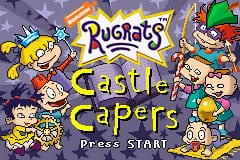 The title screen displays 'Rugrats' in large yellow letters at the top with a stylized logo, followed by 'Castle Capers' in purple text. Six cartoon baby characters are arranged around the title—Tommy holding a wrench on the left, Phil and Lil at the top, Angelica in a green hat on the right, and Dil in the lower center. The background features purple and blue tones with a castle structure visible. A 'Press START' prompt appears at the bottom right in yellow text. The art style uses flat, colorful pixel sprites typical of Game Boy Advance games.