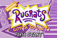 The title screen displays the Rugrats logo in large purple and yellow lettering at the center, with "Gotta Go Party" beneath it. A yellow construction excavator vehicle appears in the upper left corner against a purple background with geometric line patterns. A "Press START" prompt is positioned at the bottom of the screen in white text. The overall art style uses bright primary colors typical of Game Boy Advance graphics, with flat sprite-based visuals and a pixelated aesthetic.