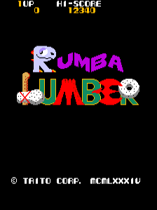 The title screen displays 'RUMBA' in large magenta letters and 'LUMBER' in multicolored pixelated text below. A small anthropomorphic character sprite with white and blue coloring stands to the left of the title. A score counter showing '12500' appears in the top-right corner next to 'HI-SCORE'. The copyright notice 'TAITO CORP. MCMLXXXIV' is centered at the bottom in white text against a black background.