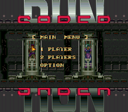 The title screen displays a main menu centered on a dark background with industrial architecture elements. Large red neon-style letters spelling "RUN" appear at the top and "SABER" at the bottom of the screen. A central menu box with yellow text lists three options: "1 PLAYER", "2 PLAYERS", and "OPTION". Vertical neon red bars flank both sides of the menu interface, and the overall visual style uses a limited SNES-era color palette with pixelated sprites and sharp geometric forms typical of early 1990s 16-bit graphics.