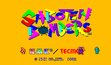 A bright yellow background displays the title "SABOTEN BOMBERS" in large, multi-colored pixelated letters with thick outlines in magenta, cyan, green, and red. Below the title sits a dark bomb character with a visible face. At the bottom of the screen, developer and publisher logos appear: a small red character sprite on the left, the TECMO logo in red text on the right, and a small cyan character sprite far right. Copyright text reading "© NMK CO.LTD. 1992" is centered at the very bottom in blue.