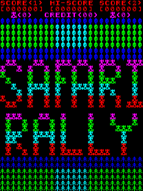 The title screen displays "SAFARI RALLY" in large pixelated green and cyan letters at the center. Above the title, red text shows score information and credits at the top edge. Below the title, six magenta jeep sprites are arranged in a horizontal row against a black background. The entire screen is framed by a green repeating pattern border at top and bottom, with red text reading "SAFARI RALLY" repeated along the edges. The graphic style uses a limited 8-bit color palette with blocky pixel art typical of late-1970s arcade games.