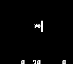 A black background displays a small white pixelated jeep sprite in the upper-left area, with a vertical white line to its right. At the bottom of the screen, a scoreboard shows three numerical sections: "0" on the left, "90" in the center, and "0" on the right, rendered in simple white pixelated digits typical of 1970s arcade displays.