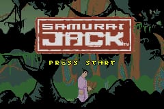 The title screen displays 'SAMURAI JACK' in large white pixelated letters centered on a dark background with green foliage and brown tree branches. Below the logo, yellow text reads 'PRESS START'. A purple silhouette of the protagonist stands in the lower center portion of the screen against the natural landscape backdrop. The overall aesthetic uses 8-bit sprite graphics typical of Game Boy Advance titles.