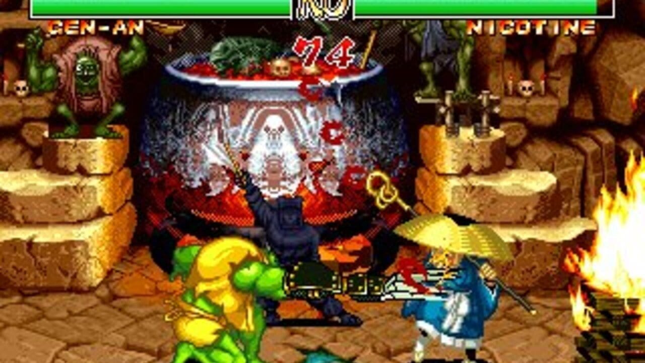 A fighting game battle displays Gen-An on the left facing Nicotine on the right in a stone temple setting with destructible environments. Bright yellow and green flame effects occupy the lower corners. Gen-An, rendered in yellow and green sprites, squares off against Nicotine in dark robes positioned center-right. A large ornate cauldron or vessel dominates the background with red elements and skull motifs. Health bars for both fighters appear at the top in green. The arena features brown stone blocks, torches with orange fire, decorative skull decorations on either side, and potted plants. Text labels identify the fighters' names above their respective sides.
