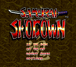 The title screen displays 'SAMURAI SHODOWN' in large red and yellow pixelated lettering against a dark brown textured background. Below the logo, four menu options appear in yellow text: 'NEW GAME', 'CONTINUE', 'SOUND CHECK', and 'OPTIONS'. The sprite-based graphics and color palette are characteristic of Game Boy hardware limitations, with a limited color range typical of the handheld platform.