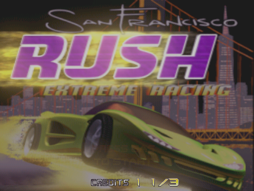 The title screen displays 'RUSH' in large purple letters with a yellow outline, positioned above smaller yellow text reading 'EXTREME RACING.' A yellow sports car is shown in profile on the right side against a cityscape background with orange and purple lighting. At the top, 'San Francisco Rush' appears in stylized script. The bottom of the screen shows 'CREDITS 1 1/3' in blue pixelated text. The overall color scheme features warm yellows, purples, and oranges against dark backgrounds, typical of mid-1990s arcade graphics.
