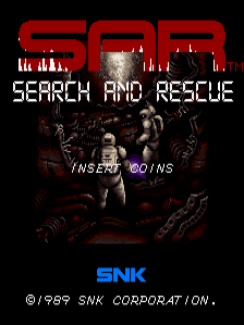 The title screen displays "SAR" in large red pixelated letters at the top, with "SEARCH AND RESCUE" in white text below. A dark, detailed illustration of armed soldiers in tactical gear occupies the center of the screen. White text reading "INSERT COINS" appears in the middle section. At the bottom, "SNK" branding and a copyright notice for 1989 SNK Corporation are displayed in blue and white text. The background is predominantly black with the illustrated soldiers rendered in muted earth tones and metallic grays.