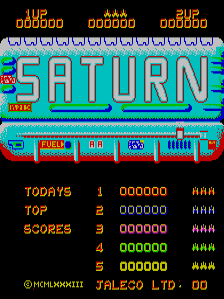 The title screen displays 'SATURN' in large cyan pixelated lettering centered on a black background. Below the title sits a horizontal control panel graphic in red and cyan with game mode buttons. The upper portion shows three score counters in orange text reading 'UP', 'OP000', and 'OP000'. A today's top scores section lists five rows numbered 1-5 with score values in yellow and cyan text, each showing 000000 points. At the bottom right, white text credits 'HCHLKKDH' and 'JALEGO LTD.' The overall presentation uses a limited 8-bit color palette with a dark arcade cabinet aesthetic.