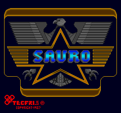 A dark blue background displays a large golden star centered on the screen with the blue word "SAURO" overlaid across its middle. Stylized metallic eagle or pterosaur wing designs flank both sides of the star. Horizontal yellow and orange striped lines radiate outward from the central star shape. At the bottom left corner, red text reading "TECFRI" appears with a registered trademark symbol. The entire composition is framed by a rounded rectangular border with gold and dark coloring, typical of arcade cabinet title screens from the 1980s.