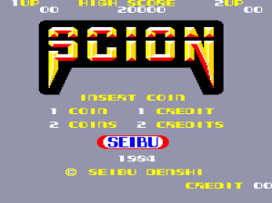 The title screen features a large pixelated yellow and red "ACTION" logo centered against a gray background. Below are six yellow text lines listing coin, credit, and game information options. The Seibu Denshi developer logo appears in white with a blue circle background in the lower center. At the bottom, yellow text reads "SEIBU DENSHI" and "CREDIT". The overall color scheme uses bright yellow text on muted gray, typical of early 1980s arcade cabinet aesthetics.