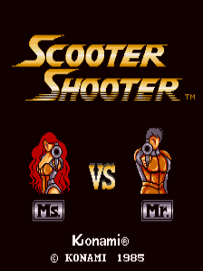 The title screen displays the Scooter Shooter logo at top in gold stylized text with a speed effect. Below, two pixel-art characters face each other across a "VS" text: a red-clad figure on the left and an orange-clad figure on the right, each standing on a platform labeled with health bars. Konami copyright information appears at the bottom in white text against the black background.