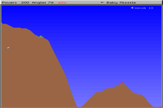 A blue sky fills the upper portion of the screen, with two brown terrain landmasses positioned along the left and lower-right edges, creating a valley-like landscape. The terrain has jagged, irregular edges characteristic of early 1990s pixel art. Small white dots appear near the top of the screen, possibly representing game elements or particles. The image uses a limited color palette of blue, brown, and white against a simple background.