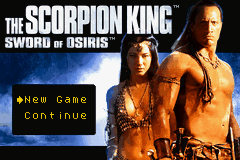The title screen displays three figures in golden-brown tones against a dark background at the top half. Large white text reads "THE SCORPION KING" with "SWORD OF OSIRIS" beneath it. A blue menu box occupies the lower portion with white text options: "New Game" and "Continue" visible. The sprite-based graphics use warm earth tones typical of early 2000s Game Boy Advance titles, with a low-resolution pixelated art style.