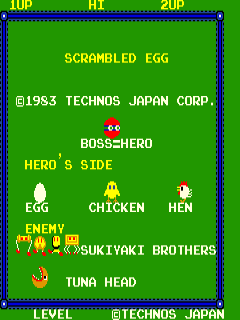 A 1983 Technos Japan arcade title screen displayed on a bright green background. Yellow text reads "SCRAMBLED EGG" at the top, with copyright and company information below. The screen is divided into two sections: "HERO'S SIDE" on the left showing an egg sprite and a chicken sprite, and "ENEMY SIDE" on the right displaying a tuna head sprite, a Sukiyaki Brothers sprite, and a hen sprite. Score display areas labeled "1UP", "HI", and "2UP" appear at the very top in blue. The entire interface uses simple pixel-art graphics typical of early 1980s arcade games, with a blue border framing the play area.