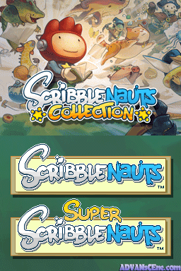 The image displays three stacked Scribblenauts logos on a green background. At the top, a colorful illustration shows a red lion-like creature surrounded by various drawn objects and characters in a hand-drawn art style. Below that are two white-outlined logo variations reading "Scribblenauts" and "Super Scribblenauts" in blue and yellow lettering respectively. The overall composition is promotional material for the Nintendo DS title.