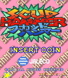 The title screen displays large, colorful graffiti-style lettering spelling "SCUD HAMMER" in orange, red, and blue against a pink geometric patterned background. Below the title, "INSERT COIN" appears in white outlined text, with the Jaleco publisher logo and copyright notice visible at the bottom. The artwork uses bright primary colors and thick pixel-based sprite styling typical of early-1990s arcade graphics.