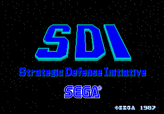 A black starfield background displays the large blue SDI title logo with cyan outlines at the center. Below it reads "Strategic Defense Initiative" in smaller blue text, followed by the SEGA logo. A copyright notice "©SEGA 1987" appears in the bottom right corner in small cyan text.