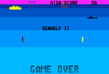 The title screen displays "SEAHOLF II" centered in large pixelated text against a blue water background. At the top, a magenta bar contains "HIGH SCORE" and "00" in black text, with a yellow submarine sprite in the upper left and a small black submarine in the upper right. Two vertical red and cyan bars appear symmetrically below the title. The lower portion shows "GAME OVER" in cyan pixelated letters against a lighter cyan background. The overall color palette uses bright blues, magentas, and contrasting accent colors typical of late-1970s arcade graphics.