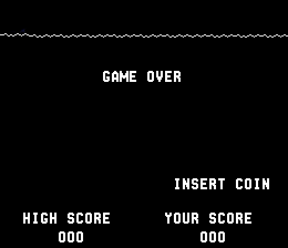 A black screen displays white pixelated text reading 'GAME OVER' at the top center. Below that, three lines of text appear on the right side: 'INSERT COIN' in the upper right, 'HIGH SCORE' on the lower left, 'YOUR SCORE' in the center, and '000' beneath it. The text uses a simple block font typical of 1970s arcade displays against the solid black background.
