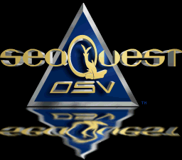 The title screen features the SeaQuest DSV logo in gold letters centered on a dark background, with a large blue diamond-shaped emblem behind it containing the DSV initials. Below the main logo is a gold-colored submarine silhouette. The overall design uses a blue and gold color scheme against black, with a symmetrical layout typical of Game Boy title screens from the early 1990s.