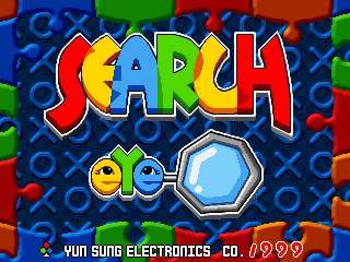 The title screen displays "SEARCH" in large red and yellow letters at the top, with "eye" in smaller blue and yellow text below it. Two cartoon character faces—one yellow and one blue—appear side by side beneath the title, with a blue hexagonal gem shape positioned between them. The background is a dark blue pattern filled with repeated letter characters in various colors. At the bottom, white text reads "YUN SUNG ELECTRONICS CO." followed by "/1999". Colorful blocks in red, green, and orange appear in the corners of the screen.