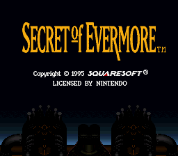 The title screen displays 'Secret of Evermore' in large yellow capital letters at the top center. Below the title, copyright and licensing text reads 'Copyright © 1995 Squaresoft, Licensed by Nintendo' in white sans-serif font. The background is predominantly black with a dark teal gradient at the horizon line. Two large stone structures resembling castle towers or gates flank the center of the lower portion of the screen, rendered in muted gray-blue tones with 16-bit sprite artwork. The overall composition uses a symmetric layout with minimal animation or interactive elements visible.