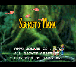 The Secret of Mana title screen features the game's golden logo centered against a lush green forest background with layered foliage. Two pink flamingos fly across the upper portion. Copyright text for Square and Nintendo appears at the bottom in white, along with a licensing notice. The art uses 16-bit sprite graphics with a rich green color palette, typical of SNES-era RPG presentations.