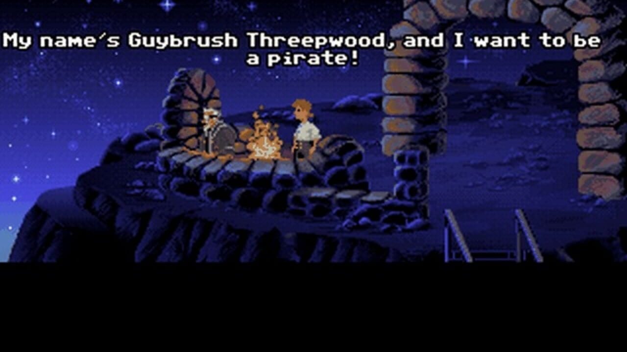 A nighttime scene shows three pixelated characters standing on rocky terrain with stone structures and brick towers flanking the sides. A starry blue sky fills the background. White text at the top reads "My name's Guybrush Threepwood, and I want to be a pirate!" The scene uses a 16-bit pixel art style with dark blue and brown color tones creating a nocturnal atmosphere.