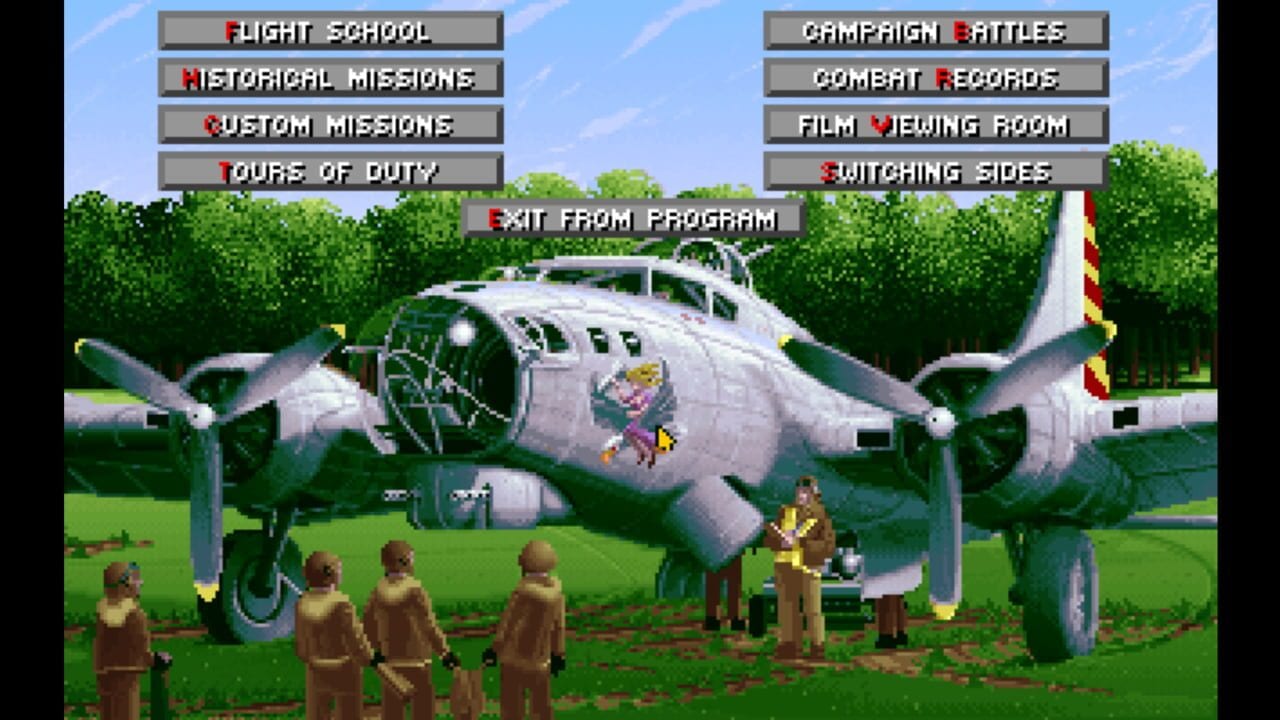 A main menu screen displays a large twin-engine military aircraft centered in the frame, surrounded by brown-uniformed soldiers standing on grass with green trees in the background. Eight menu options appear in gray boxes above and to the sides of the aircraft: Flight School, Historical Missions, Custom Missions, Tour of Duty, Campaign Battles, Combat Records, Film Viewing Room, and Switching Sides, with Exit from Program centered below. A red and yellow striped flag is visible on the aircraft's tail. The art uses low-resolution pixel graphics typical of early 1990s DOS games.
