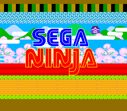 The title screen displays "SEGA" in blue block letters and "NINJA" in red block letters centered against a colorful striped background. Above the text, a blue ninja character runs leftward across white clouds against a light blue sky. Below the title, horizontal bands of green, yellow, and grass-textured pixels create a ground-level scene. The top of the screen features a yellow and green striped border pattern. The overall aesthetic uses bright, flat colors typical of mid-1980s arcade graphics with low-resolution pixel sprites.