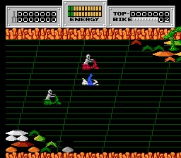 A player character in red sits atop a moving vehicle on a dark green gridded terrain. Two enemy creatures in green positions flank the left side of the screen. Red star obstacles appear in the upper right. The HUD displays score, energy bar, top score, and level number across the top in a horizontal panel with black background and pixel-style font. The landscape scrolls diagonally downward with parallax layering, and a gray UFO hovers in the lower left corner against the dark green grid backdrop.