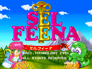 The title screen displays "SEL FEENA" in large magenta letters with yellow outline, centered against a bright blue sky with white clouds. Two chibi-style characters flank the logo on either side—a pink-haired girl on the left and a green-haired character on the right. A purple mountain silhouette rises in the background. Below the title, Japanese characters appear in white text, followed by white copyright text reading "FAST TECHNOLOGY 1991" and "ALL RIGHTS RESERVED". A small "START" prompt is visible in the lower right corner. The overall color palette is vibrant with primary colors typical of early 1990s arcade aesthetics.