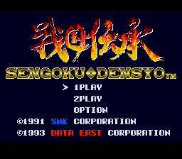 The title screen displays 'SENGOKU DENSHOU' in large orange and yellow pixelated text with a fiery effect at the top center. Below the title, a blue menu lists three options in white text: '1PLAY', '2PLAY', and 'OPTION', each preceded by a right-pointing arrow. At the bottom, copyright information reads '©1991 SNK CORPORATION' in red and white text, followed by '©1993 DATA EAST CORPORATION' in yellow and white. The background is solid black, and the overall sprite-based aesthetic uses a limited color palette typical of early-1990s arcade-style games.