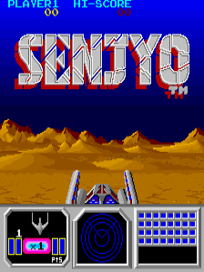 The title screen displays 'SENJYO' in large stylized letters with orange and white striped coloring centered on a blue background. Below the title is a golden-brown mountainous terrain forming the landscape. At the bottom sits a control panel interface with three black sections: a left side-view cannon sprite, a center circular radar or targeting display in blue and white, and a right section showing a grid pattern. Score and hit-score indicators appear at the top of the screen. The entire composition uses a limited pixel-based color palette typical of early 1980s arcade graphics.