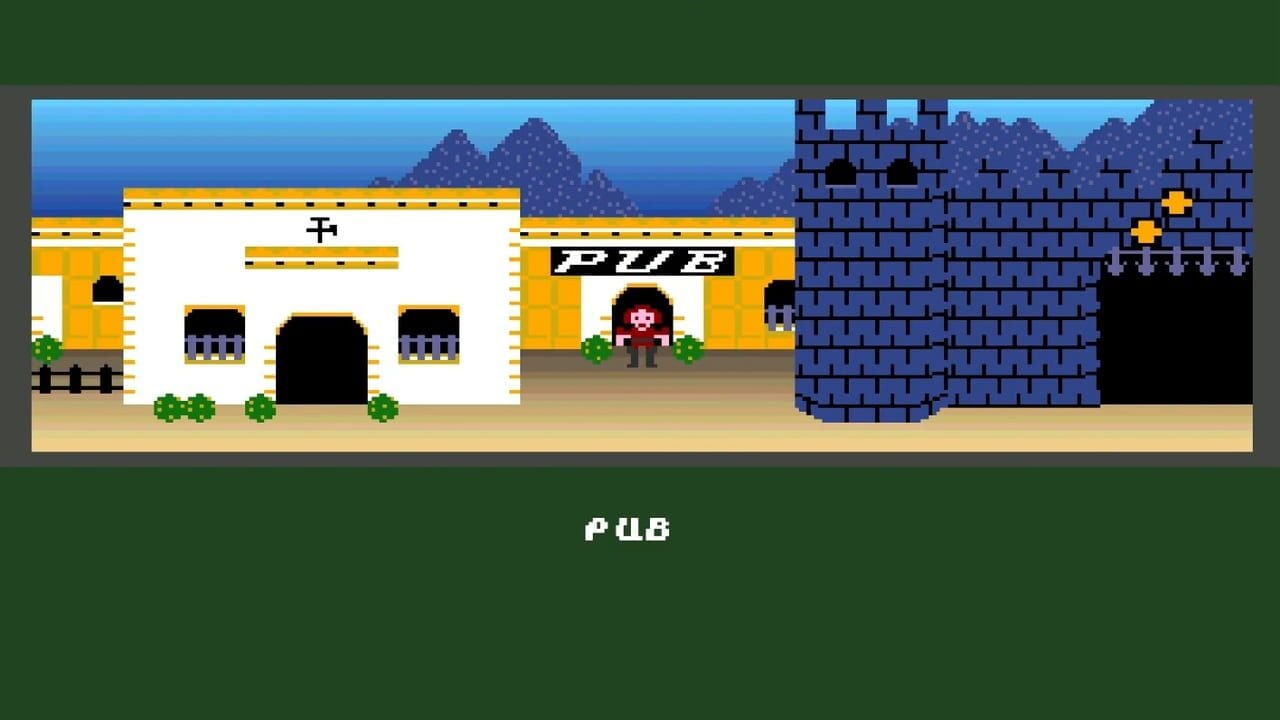 A pixelated 8-bit landscape shows a colonial settlement with three white buildings featuring yellow roofs and black doorways on the left, a central yellow pub structure with a figure standing outside, and a blue stone castle or fortress on the right side. Mountains in darker blue shades appear in the background under a light blue sky. Small green bushes dot the sandy ground. The word 'PUB' appears in white pixel text at the bottom of the screen.
