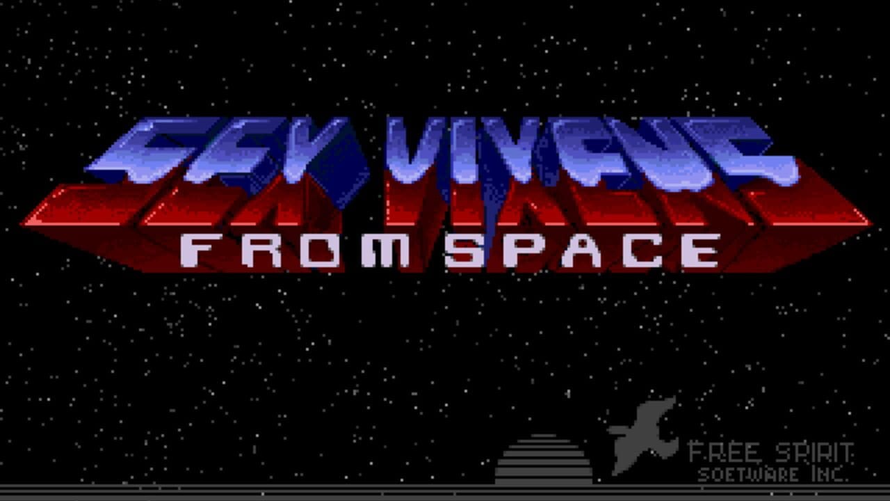 The title screen displays 'SEX VIXENS FROM SPACE' in large pixelated letters, with 'SEX VIXENS' rendered in blue 3D-style text and 'FROM SPACE' in red and white below. A starfield with white dots fills the black background. In the lower right corner, the Free Spirit Software Inc. logo appears alongside a stylized spacecraft graphic in gray. The overall aesthetic is characteristic of late 1980s DOS game presentation with 8-bit pixel art and neon-colored typography.