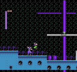 A ninja character in white and yellow stands on a blue platform in the center-left area of a dark industrial stage. Purple neon-style vertical and horizontal bars form geometric barriers in the background. A health meter in purple appears in the upper-left corner. The stage features dark crosshatch texture throughout, with circular indentations visible on the blue platform. The sprite uses bold contrasting colors against the dark palette, rendered in NES-era pixel art with chunky 8-bit proportions.